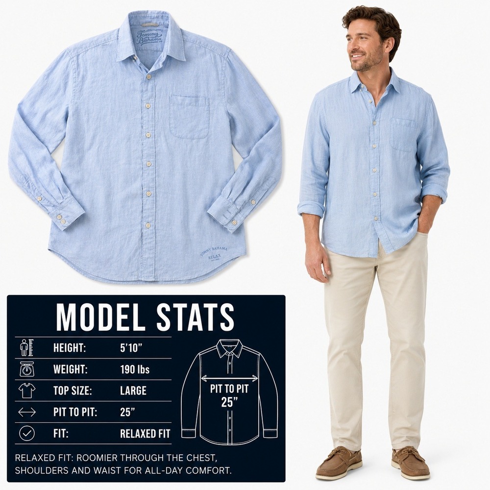 Tommy Bahama Relax Mens Large Light Blue 100% Linen Long Sleeve Button Down
